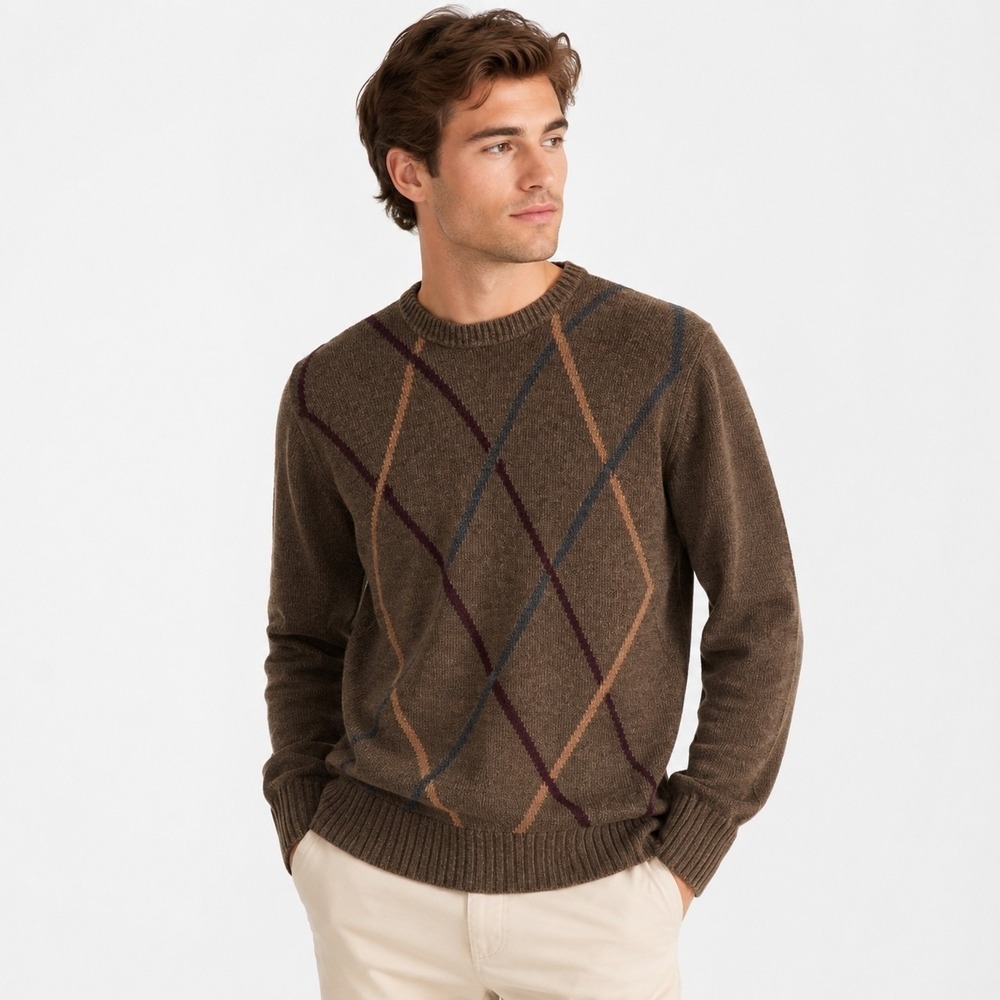 Vintage Dockers Chenille Velour Sweater Mens M Brown Argyle Pullover Crewneck